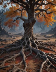 Naklejka premium Dark, twisted roots and branches stretching from the ground, brushed texture, dark forest, eerie landscape