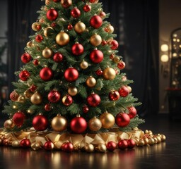 Decorated Christmas tree adorned with vibrant red and golden baubles against a dark background of twinkling lights, ornaments, festive