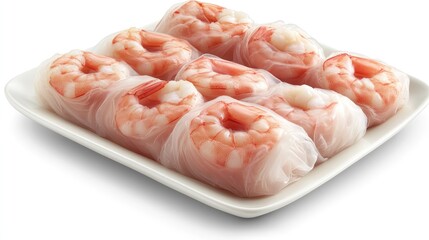 Vietnamese rice paper rolls with herbs and shrimp, placed on a white ceramic plate, surrounded by plenty of empty space.