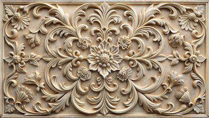 Baroque carved panel with central floral motif. High-relief design featuring swirling acanthus leaves and intricate details. Concept of: interior design, luxury decor