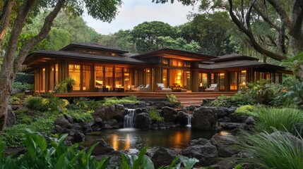 Obraz premium Tranquil Tropical Getaway: A Luxurious Modern House nestled in lush greenery, illuminated at twilight. Stunning architectural design, serene waterscape, and the ambiance of a peaceful haven.