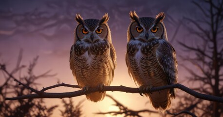 Delicate owl feathers visible against the soft glow of twilight , frosty landscape,