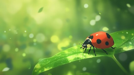 Fototapeta premium Ladybug on a leaf in a vibrant green setting.