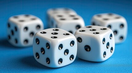 White Dice Scattered on a Blue Surface
