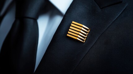 Glitz concept red carpet awards. Stylish black suit with a gold lapel pin detail.