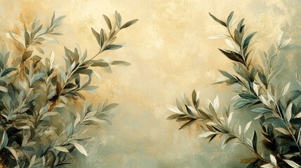Olive Branches Painted on a Textured Beige Background