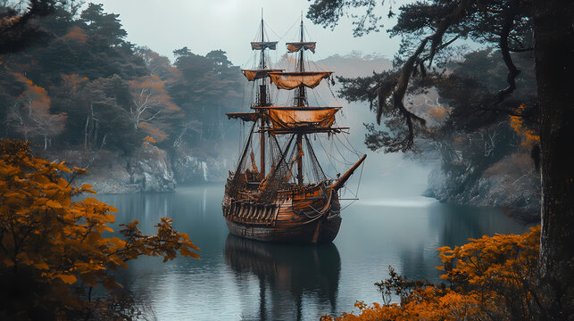 Haunted galleon anchored in a forgotten cove, where echoes of old battles and whispered legends linger among the rusted cannons, hyperrealistic photo. Whispering Harbor. Illustration
