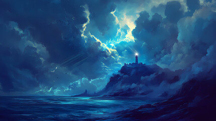 Lighthouse on stormy sea under dramatic clouds, illuminated by beams of light. Whispering Harbor. Illustration