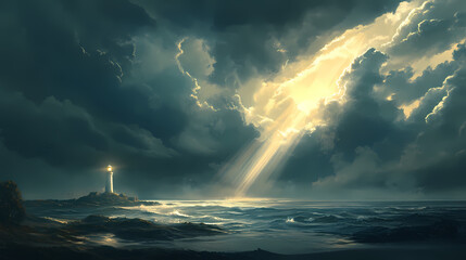 Obraz premium Lighthouse on stormy sea under dramatic clouds, illuminated by beams of light. Whispering Harbor. Illustration