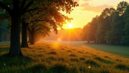 Fototapeta premium Forest landscape bathed in warm golden light at dawn, dawn, farm, landscapes