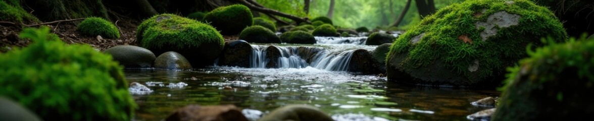 Fototapeta premium Forest stream flowing over moss covered stones in the woods, stone, gentle water flow, tree roots