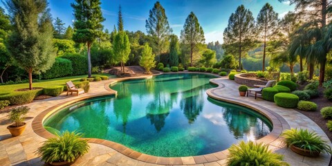 Large kidney-shaped pool with water features and lush greenery, surrounded by tall trees and a serene landscape in a private luxury estate, private estates, swimming pools