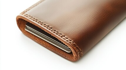Close-up of a brown leather cardholder, showcasing its texture and stitching.