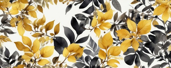 Elegant watercolor composition with yellow and black leafy design, seamless, black, pattern
