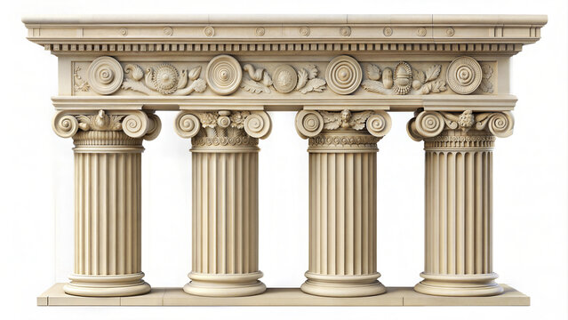 Classical ionic colonnade with ornate entablature detail. Four marble columns showcase elegant fluting and decorative capitals. Architectural study against white. Concept of: architecture firms, histo