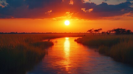 Naklejka premium Golden hour sunset over tranquil river and grassy plains with silhouette trees and distant animals