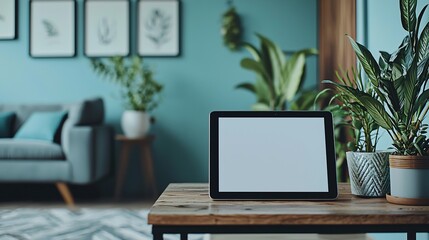 Fototapeta premium Tablet Device on Wooden Table with Living Room Interior Plants and Teal Wall Decor Background.