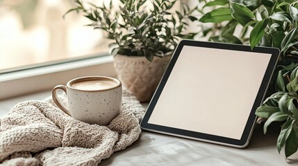 Tablet and Coffee on Cozy Blanket with Plants by Window for Relaxing Afternoon.