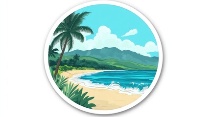 Tropical Beach Scene with Palm Trees and Mountains