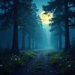 Obraz premium Hazy moonlight illuminates a quiet forest path, forest, moon, misty