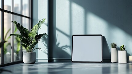 Fototapeta premium White Screen Tablet Mockup with Green Potted Plants and Lighted Background Interior Space.
