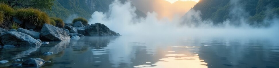 Obraz premium mist rising from the surface of a shallow pool of water, , fog, rock