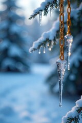 Icicles and crystals hang from golden chains in a frosty winter scene, wintry atmosphere, crystalline formations, icicle decor