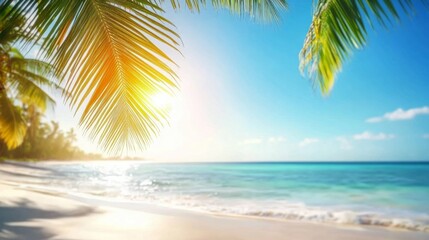 Obraz premium Tropical beach paradise: Palm leaves frame a vibrant ocean scene.