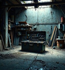 Forgotten toolbox left behind in an abandoned garage, cluttered, cobwebs