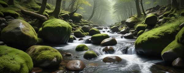 Forest stream flowing over smooth rocks and moss-covered boulders , outdoor, water