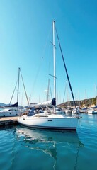 Fototapeta premium Sailboat docked at a marina with a clear blue sky and white sails, nautical, yacht