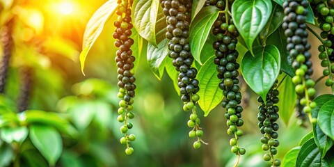 Obraz premium Vibrant black pepper fruits densely hang from a lush green tree in a beautiful garden setting amidst vibrant foliage and flowers , tropical, tree
