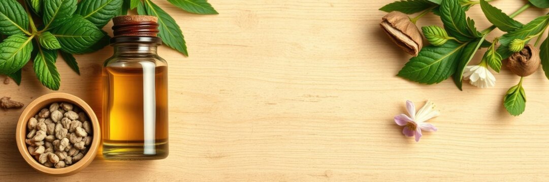 Fresh boldo leaf and flower on rustic wood background, flower, medicine