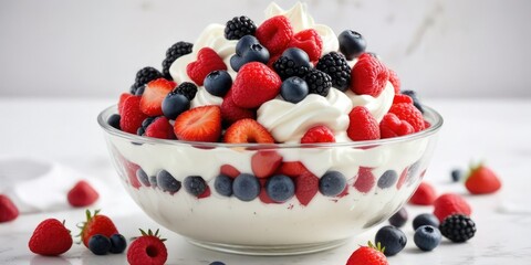 Fresh mixed berries in a bowl with a dollop of whipped cream on a white background, dessert, whipped cream, berry dessert