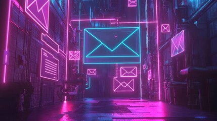 A visually immersive timeline of email marketing strategy showing content creation, AI-driven suggestions, and audience segmentation, glowing gradients and neon effects, Digital Art