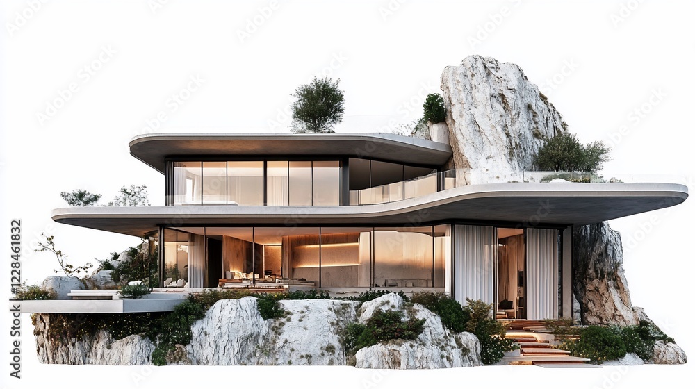 Poster modern luxury house architecture built on rock with concrete and large windows on a white background