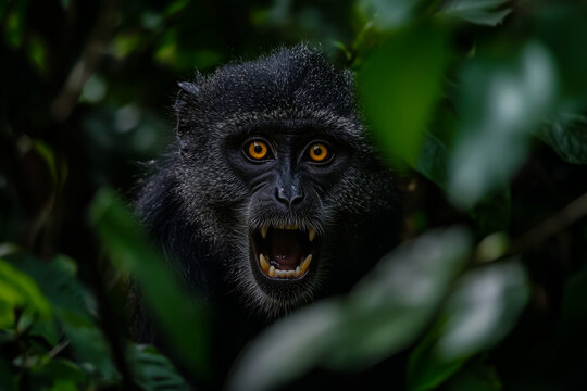 A black and gray monkey with yellow eyes and bare teeth, looking at the camera against a background of green trees.