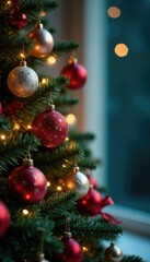 Sparkling ornaments hang from the branches of a Christmas tree, shimmering garlands, colorful balls, bows