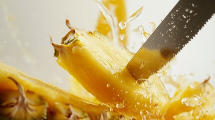 Naklejka na ściany i meble A juicy pineapple being sliced, water splashing.