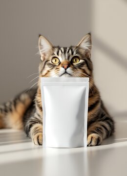 Naklejki Curious tabby cat holding a blank food pouch, perfect for packaging design mockups.