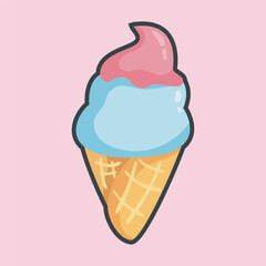 blue vanilla ice cream with strawberry flavor in outline flat vector design.