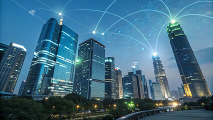 Fototapeta premium Smart cityscape with interconnected buildings and digital networks at night