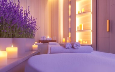 Tranquil hotel spa with candles and soft lighting lavender theme