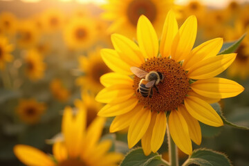 Honey bee collects   nectar    on a bright yellow daisy on a blurry garden background 