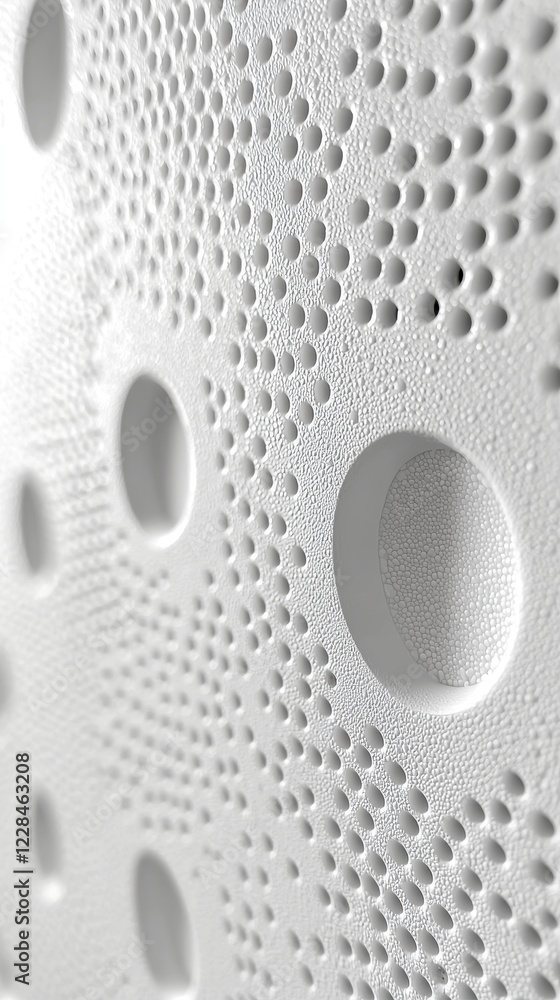 Poster close-up of a textured white surface with circular indentations.