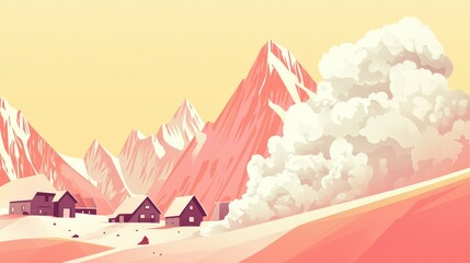 Fototapeta premium A minimalist illustration of an avalanche approaching a small mountain village, clean geometric design, soft pastel colors
