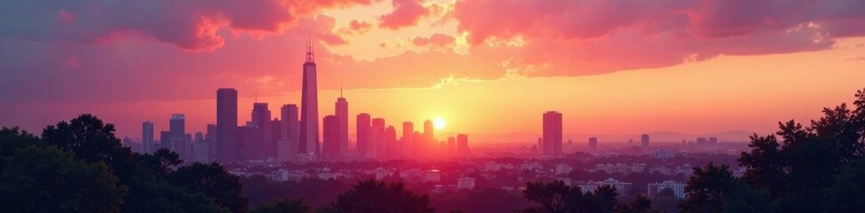 Minimalist cityscape at sunset with skyscrapers and trees, architecture, urban landscape