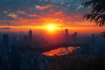 Naklejka premium Sunset over city skyline with vibrant colors