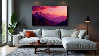 Modern sofa interior with frameless smartphone screen on empty space, minimalist design, phone