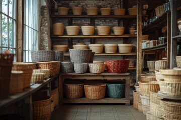 Rustic pottery shop with shelves filled with clay items